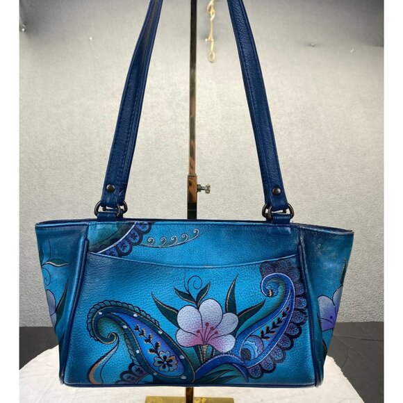 Gorgeous Anuschka Bag. Hand Painted Shoulder Bag. Blue And Rose Pattern. - Picture 12 of 16